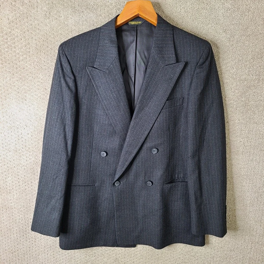Vintage Stonehaven Jacket Mens 40R Gray Striped Blazer Double Breasted Wool USA